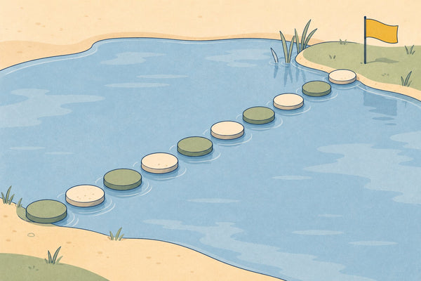 Ten stepping stones crossing a pond to a small mustard flag on the far bank