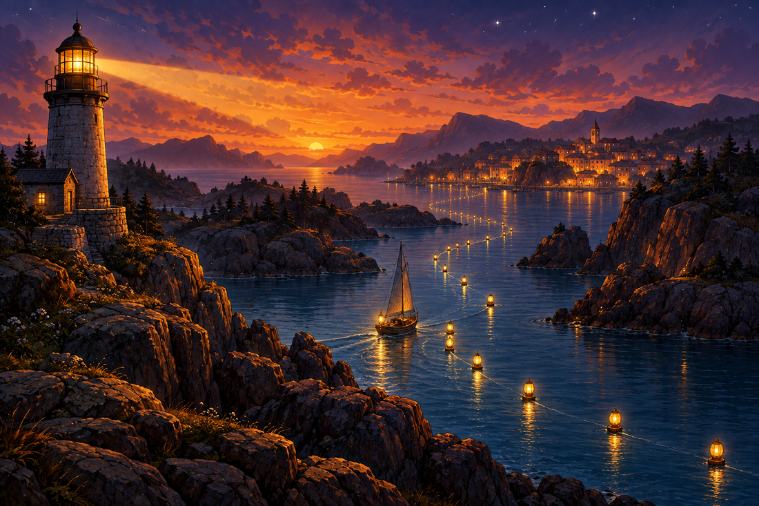 A small sailing boat following a channel of glowing buoys towards a lit harbour, a picture of guiding a child through 11+ preparation