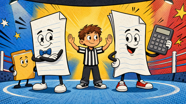Comic illustration of two exam paper characters facing off like a duel with a child referee between them
