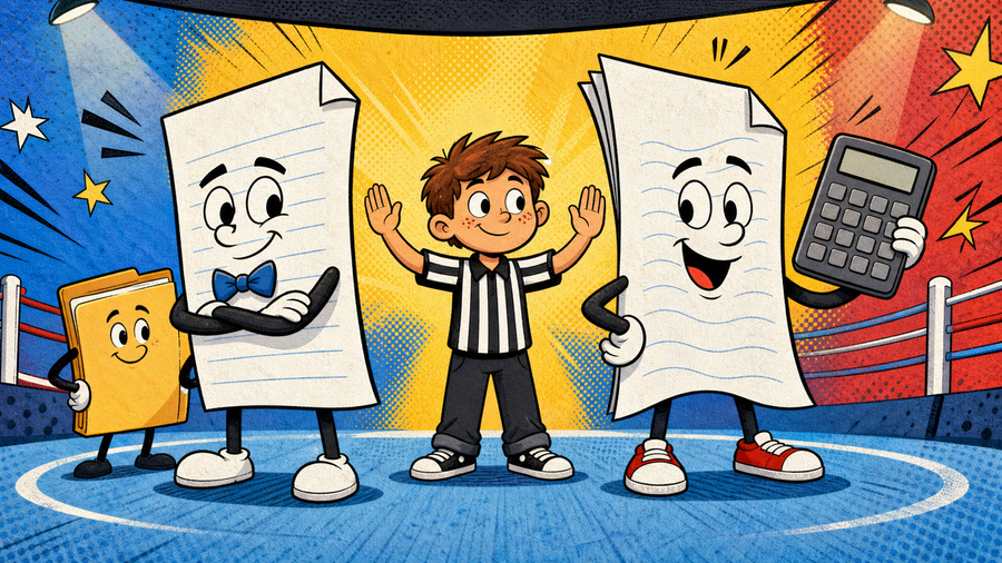 Comic illustration of two exam paper characters facing off like a duel with a child referee between them