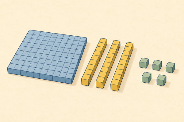 Base ten blocks: a hundred flat, three ten rods and five single cubes