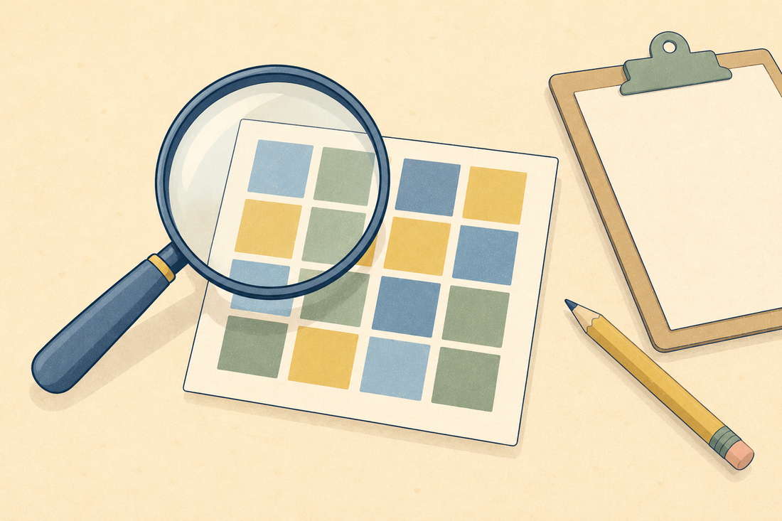 A large round magnifying glass hovering over a card printed with sixteen small squares in a four by four grid, each square a different shade of blue, sage or mustard, next to a clipboard and a pencil