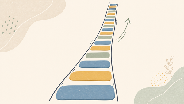 Flat doodle tall stepped ladder with closer rungs near the top, rising arrow