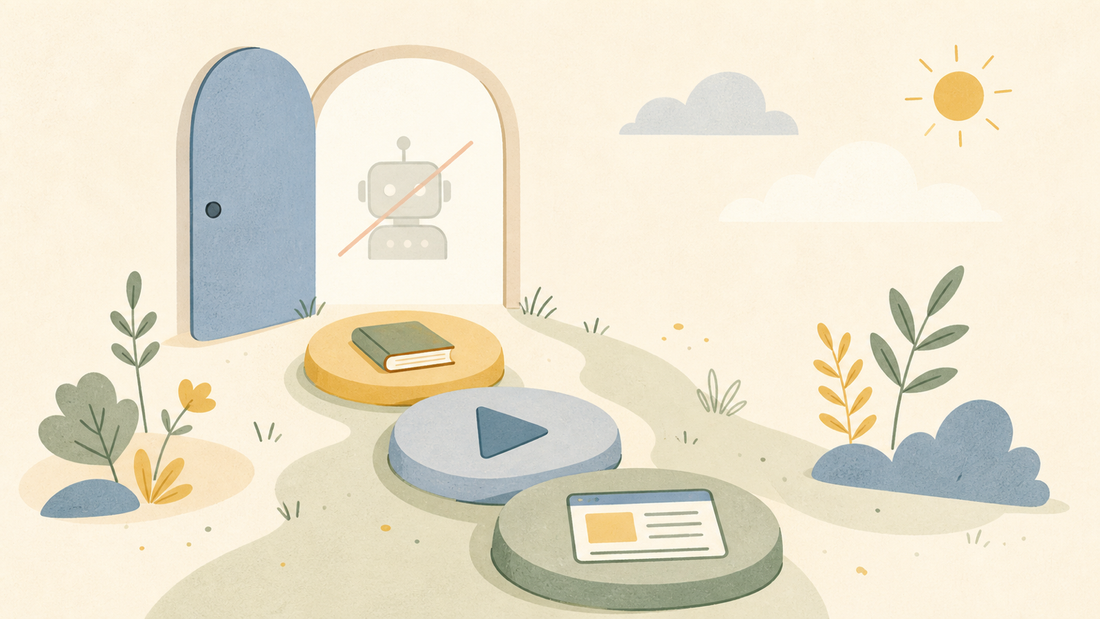 Flat doodle open doorway with a crossed-out robot and a stepping-stone path of alternative resources