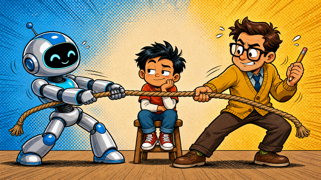 Comic illustration of a robot and a tutor in a tug of war over a child on a stool