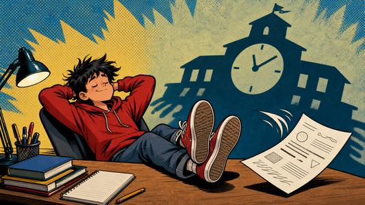 Comic illustration of a relaxed student ignoring a mock exam paper with a looming school clock shadow
