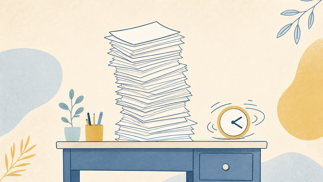 Flat doodle desk with a tall stack of papers and a spinning clock, teacher marking capacity