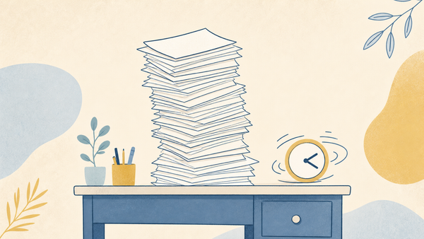 Flat doodle desk with a tall stack of papers and a spinning clock, teacher marking capacity