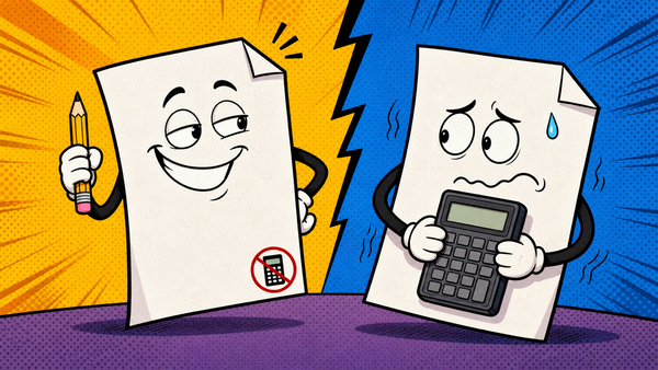 Comic illustration of two exam paper characters, one falsely relaxed with pencil, one nervous with calculator