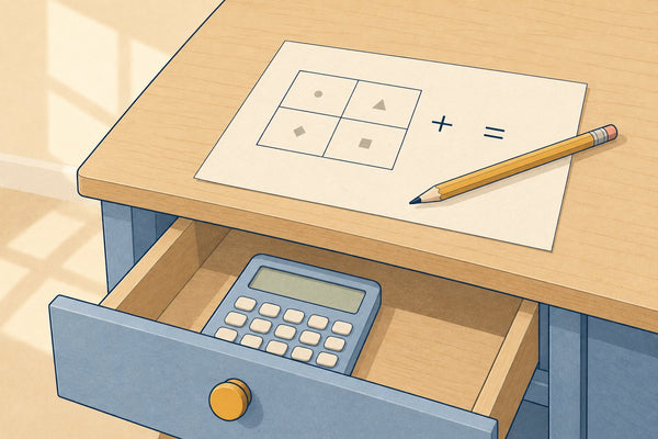 A calculator put away in a desk drawer beside a sheet with a grid method box
