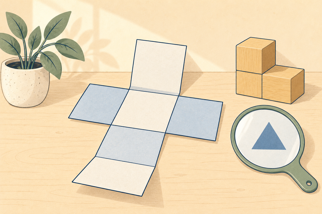 A cube net opened out as a cross of six squares, a hand mirror showing a triangle and wooden blocks