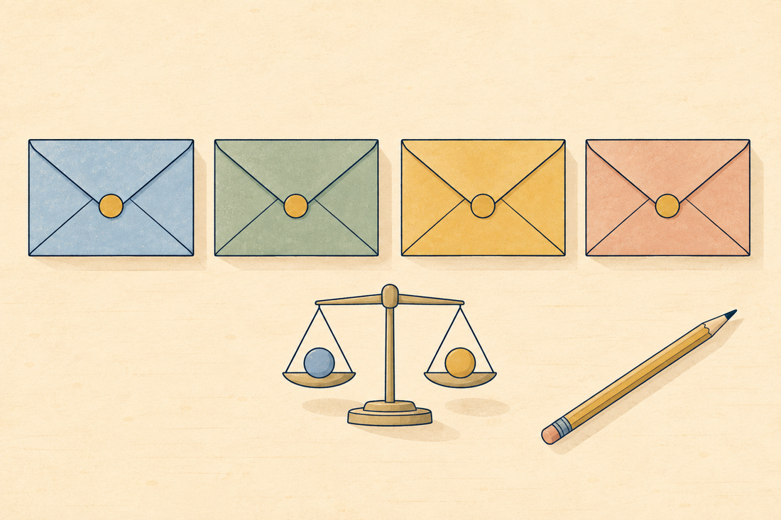 Four coloured envelopes in a row beside a small balance scale and a pencil