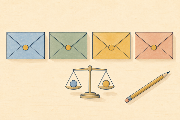 Four coloured envelopes in a row beside a small balance scale and a pencil