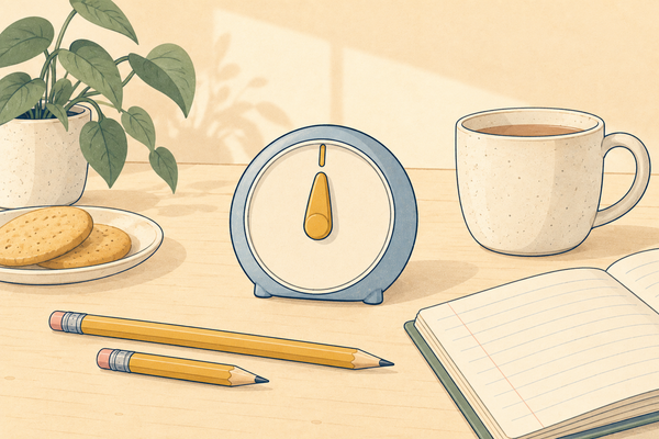 A kitchen timer, a mug of tea, an open exercise book and a long and a short pencil