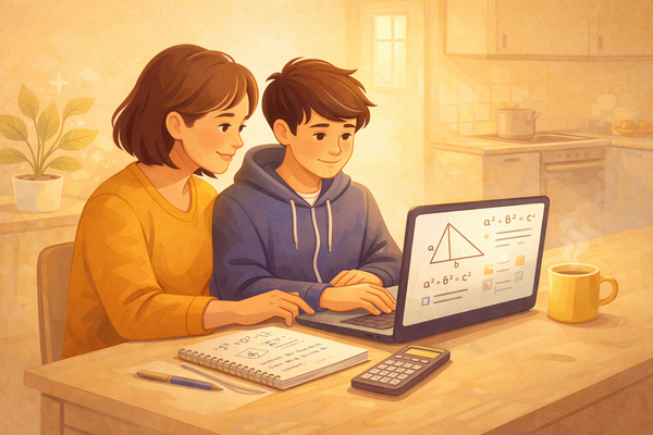 Two students working through maths together at a kitchen table with a laptop and a calculator