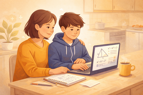 Two students working through a maths problem on a laptop at a kitchen table