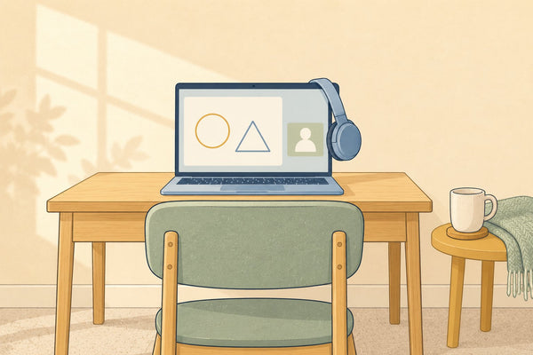 A study desk with a laptop showing an online lesson and headphones on the screen
