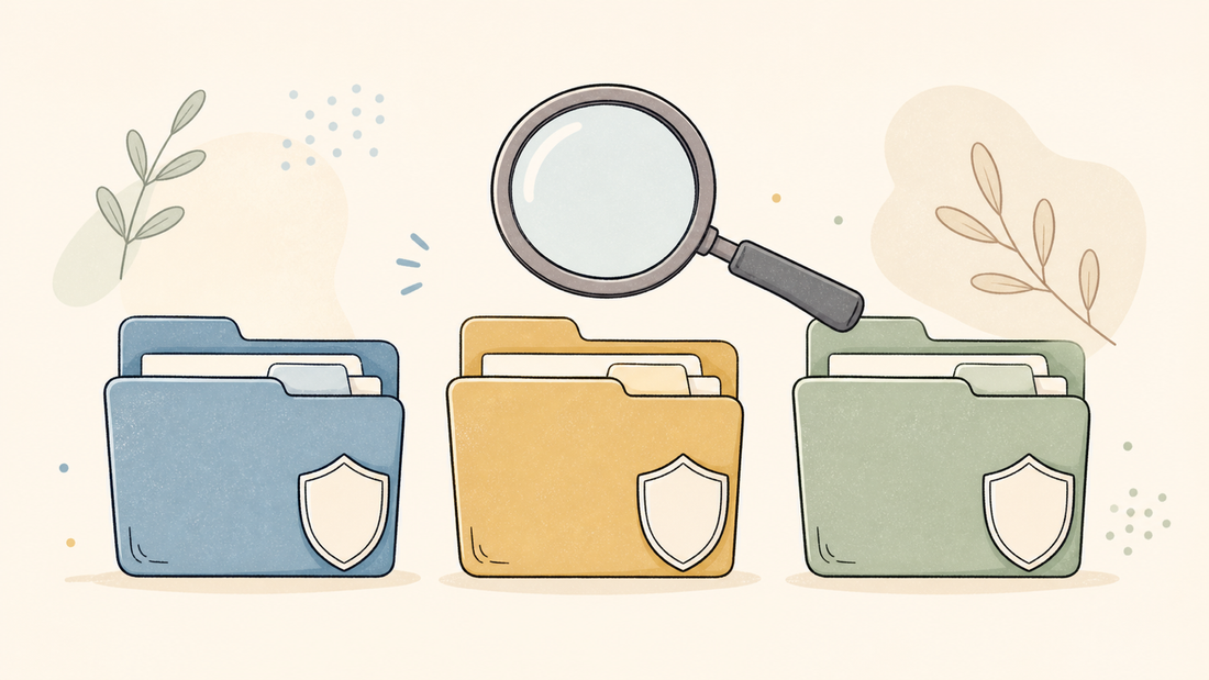 Flat doodle of three folders in a row with shield badges and a magnifying glass