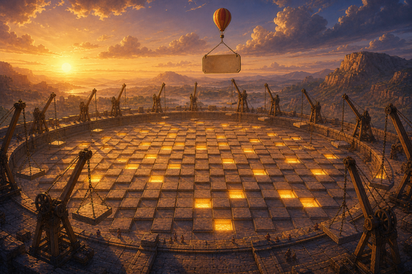 A vast circular plaza paved as a ten by ten grid with cranes lifting slabs away and a price tag hanging from a balloon, cartoon illustration