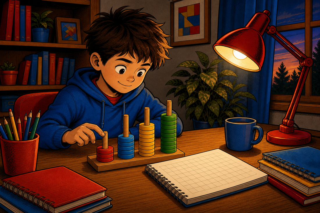 Young child with a place value counter frame at a home desk, cartoon illustration