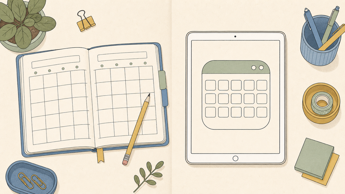 Flat doodle desk split between a paper planner and a tablet calendar app