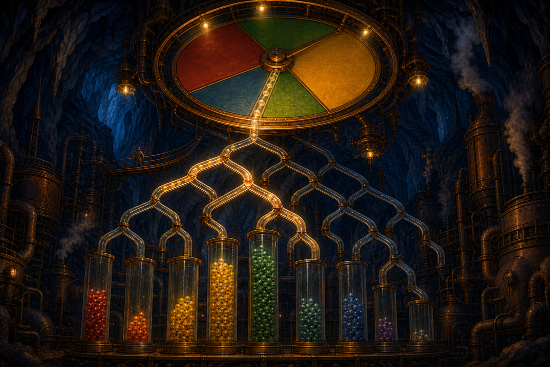 A huge brass and glass machine in a cavern with a giant four sector spinner feeding marbles down branching chutes into columns, cartoon illustration