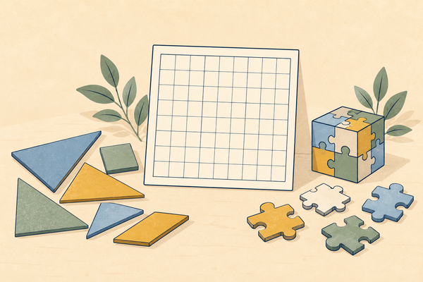 A blank puzzle grid card, tangram pieces, jigsaw pieces and a puzzle cube arranged together