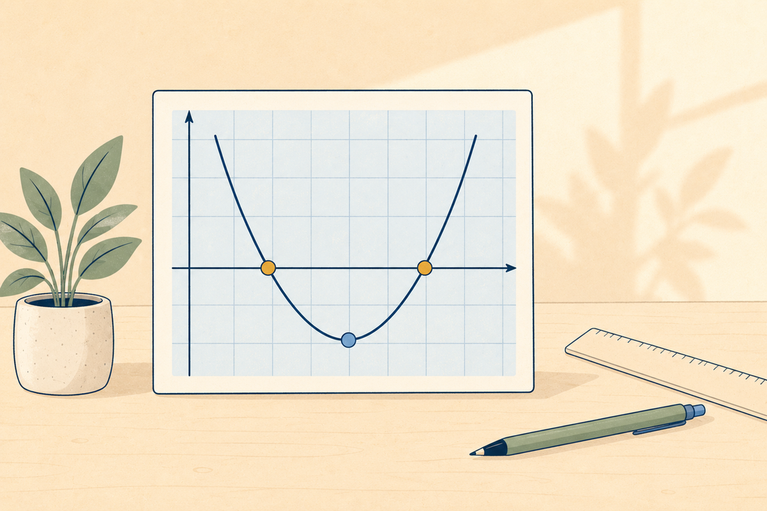 A graph card showing a U-shaped curve crossing the axis at two points, with its lowest point marked