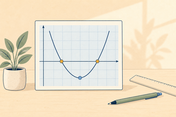 A graph card showing a U-shaped curve crossing the axis at two points, with its lowest point marked