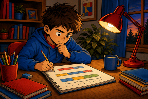 Child at a home desk working through ratio bar models in a notebook, cartoon illustration