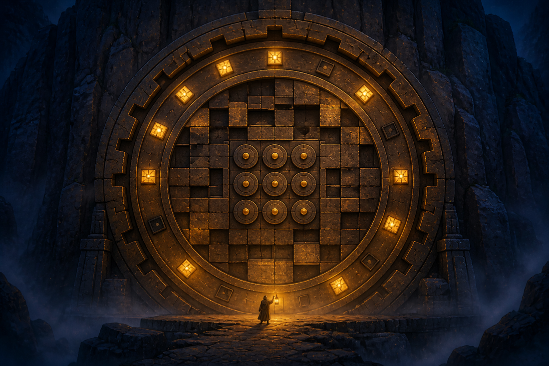 A colossal circular stone vault door in a cliff face made of puzzle rings, a sliding tile grid, carved notches and a row of lit and dark lamps, cartoon illustration