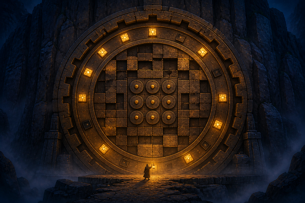 A colossal circular stone vault door in a cliff face made of puzzle rings, a sliding tile grid, carved notches and a row of lit and dark lamps, cartoon illustration