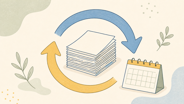 Flat doodle circular refresh arrow looped around a stack of exam papers