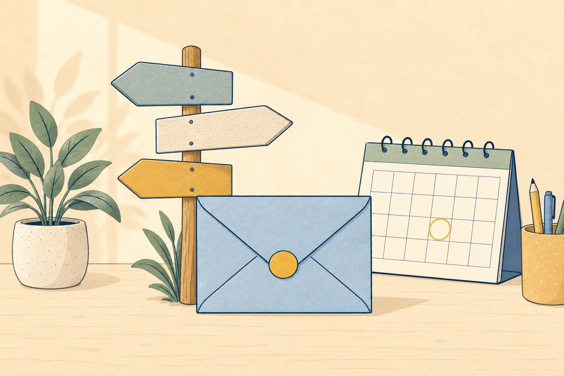 A sealed envelope propped against a signpost with three blank arrows, beside a calendar with a day circled