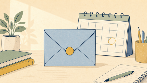 Flat doodle sealed envelope on a desk with a calendar showing a circled date