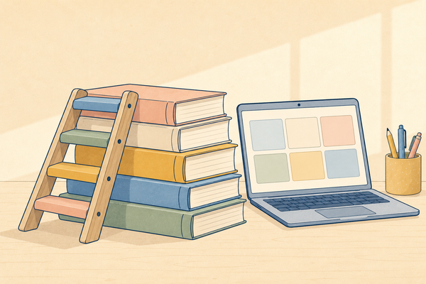 A four-rung step ladder leaning against a stack of books beside a laptop showing lesson tiles