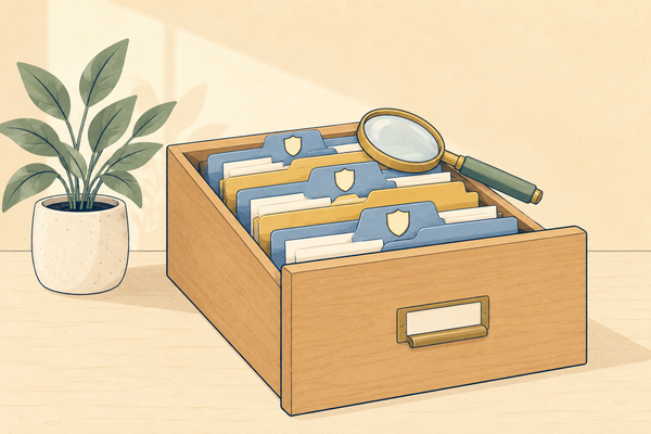 An open filing drawer of folders with shield tabs and a magnifying glass resting on top