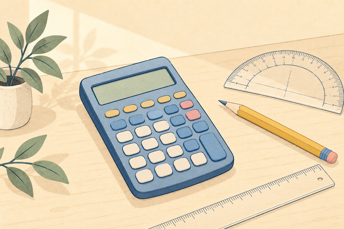 A scientific calculator with blank keys lying beside a protractor, a ruler and a pencil