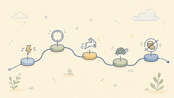 Flat doodle winding path with five milestone markers each topped with a small icon