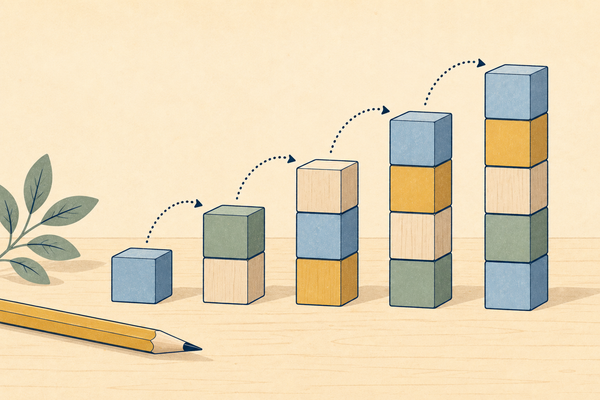 Five stacks of cubes from one to five, with dotted arrows hopping from each stack to the next