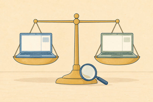 A balance scale weighing two open laptops, each showing an online lesson screen