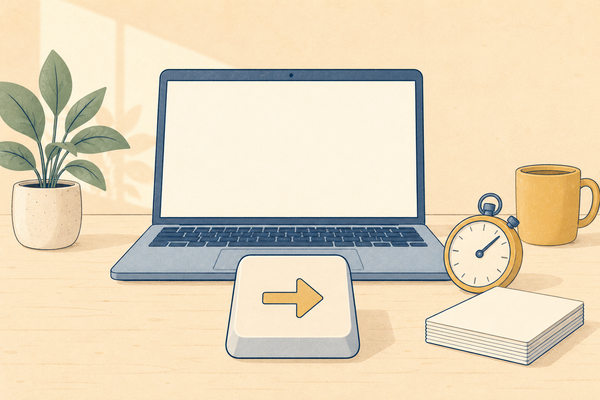 An open laptop with a large arrow key in front, a stopwatch and a stack of cards