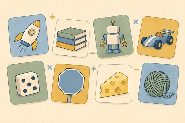 Eight tiles each showing a different object, such as a rocket, robot and dice