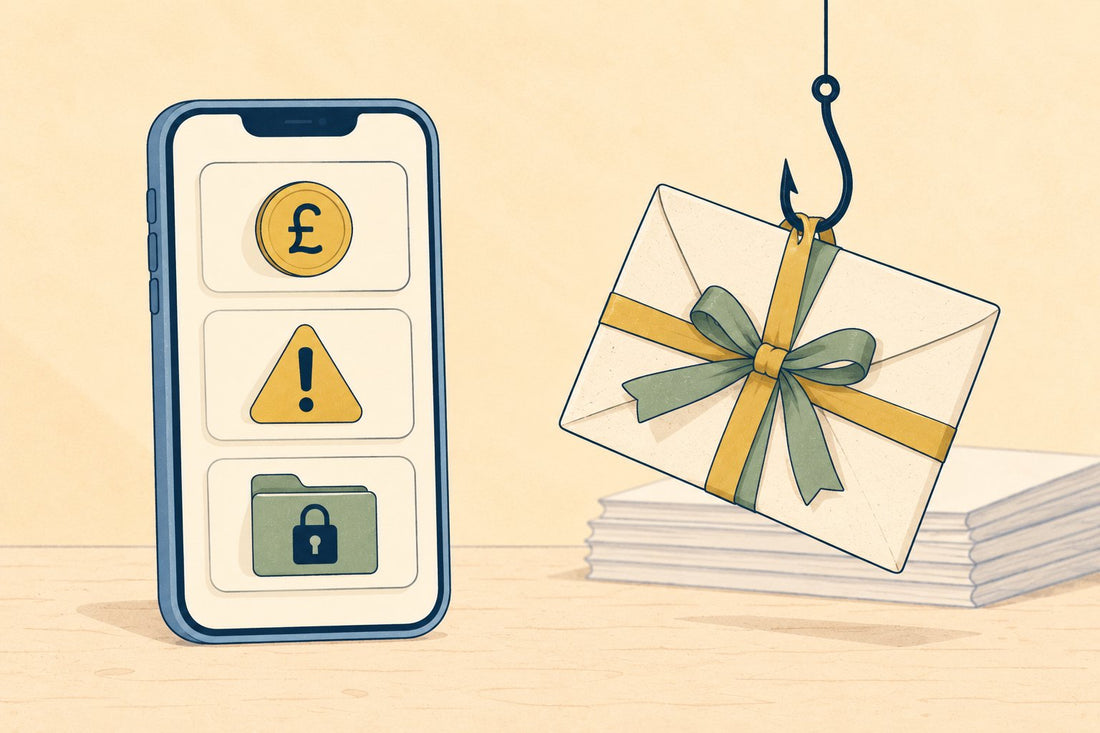 A phone with warning pop ups beside a wrapped envelope hanging from a fishing hook