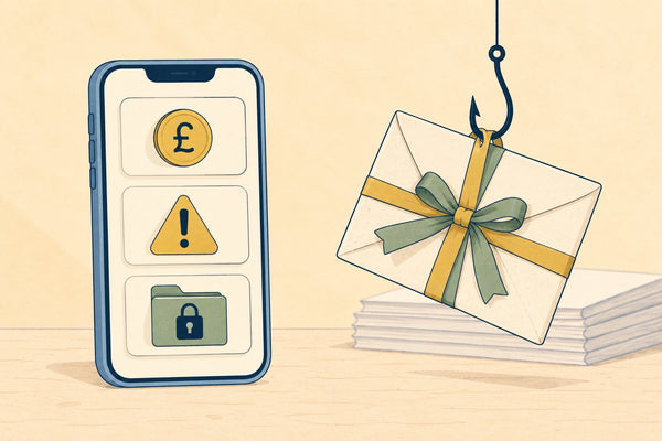 A phone with warning pop ups beside a wrapped envelope hanging from a fishing hook