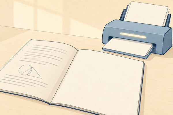 An open exam booklet with one completely blank page beside a document scanner