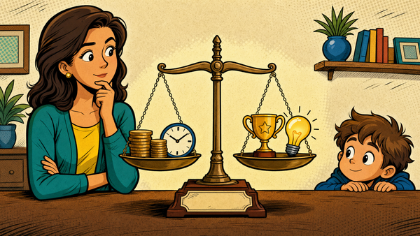 Comic illustration of a parent weighing cost and time against confidence and progress on old-fashioned scales