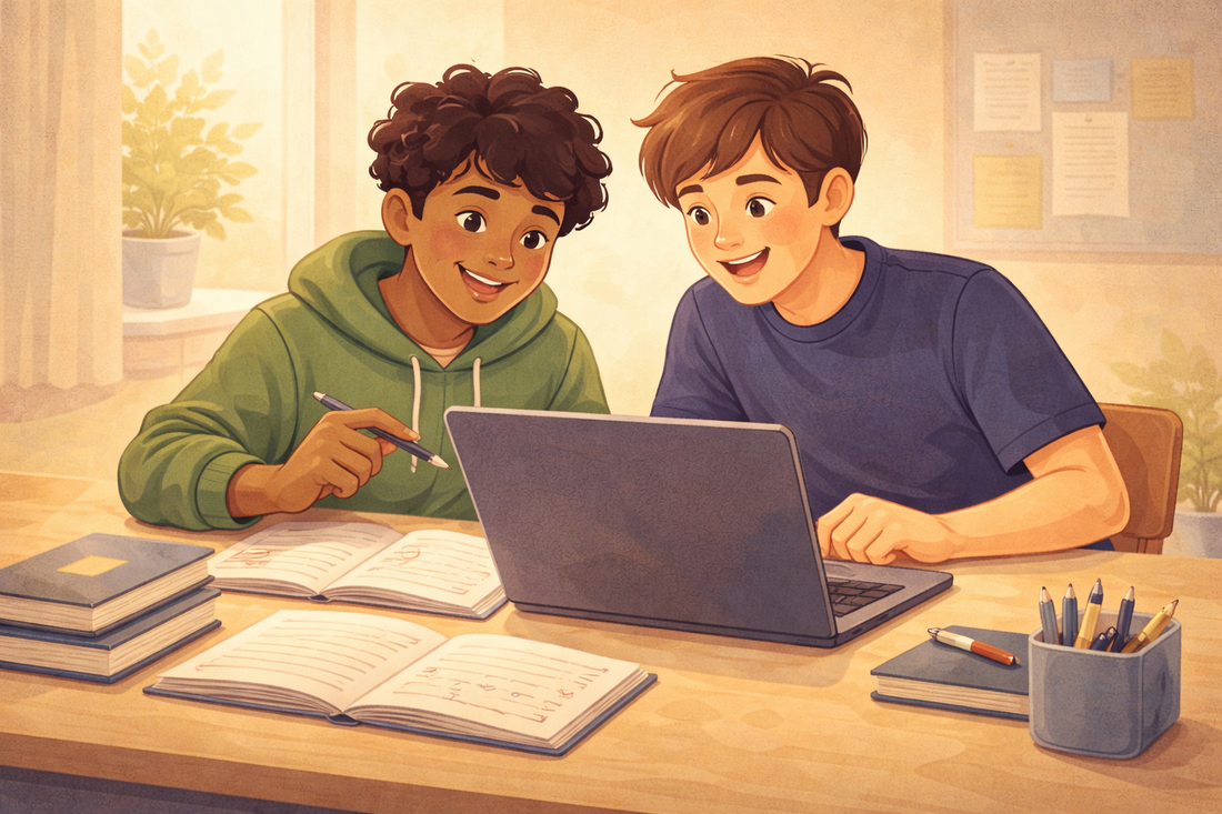 Students Collaborating On Maths Using Laptop