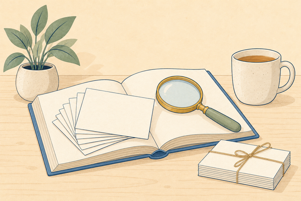 An open book with blank index cards spilling out, a magnifying glass and a tied bundle of cards