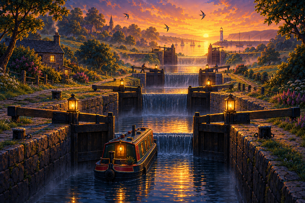 Four canal locks rising up a hillside towards a sunlit harbour, a picture of learning maths one school year at a time